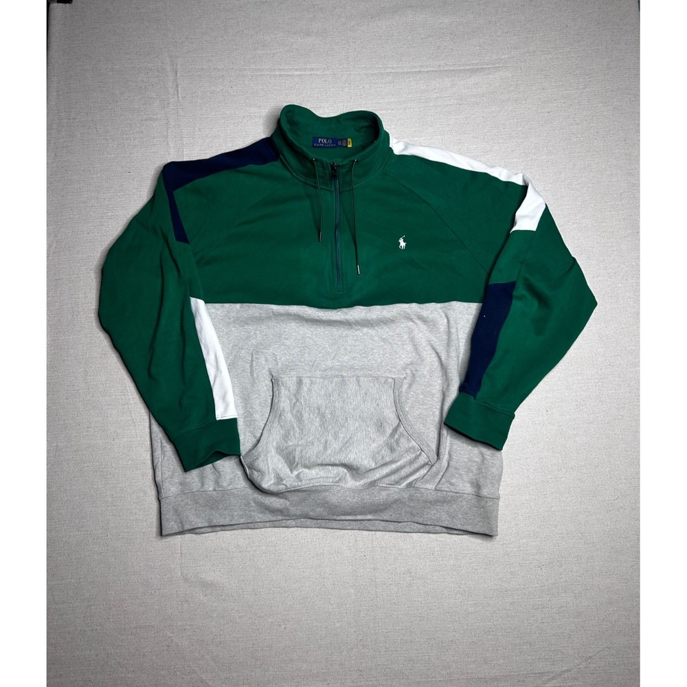 Polo Ralph Lauren 1/4 Zip Double Knit Sweatshirt Men's 2XL Green Colorblock